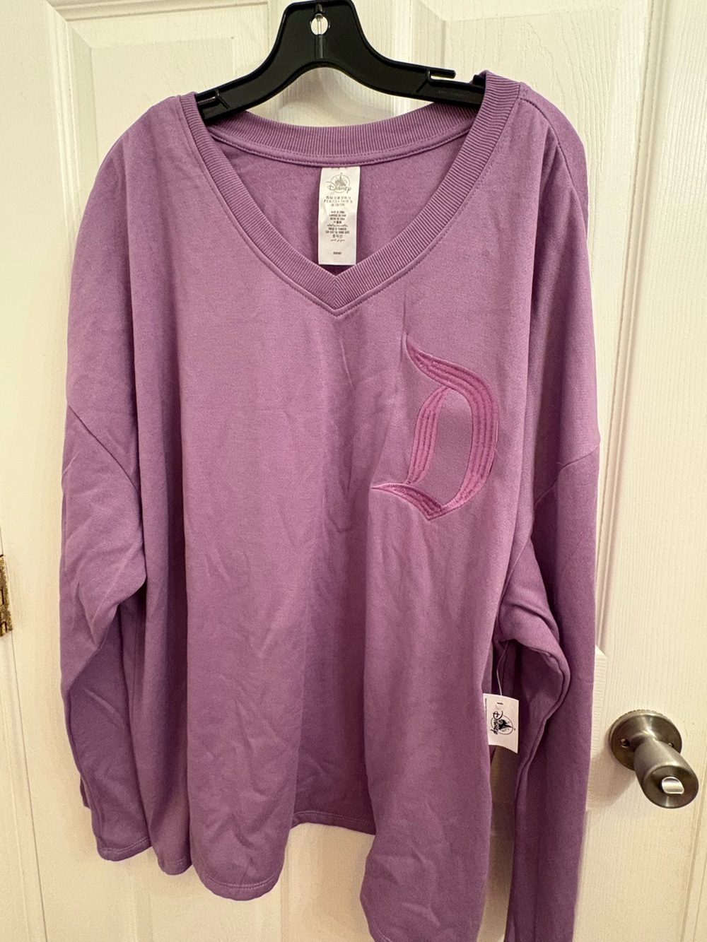 Disney Parks Lavender V-neck Sweatshirt Tonal Embroidered D Logo size 1X NWT